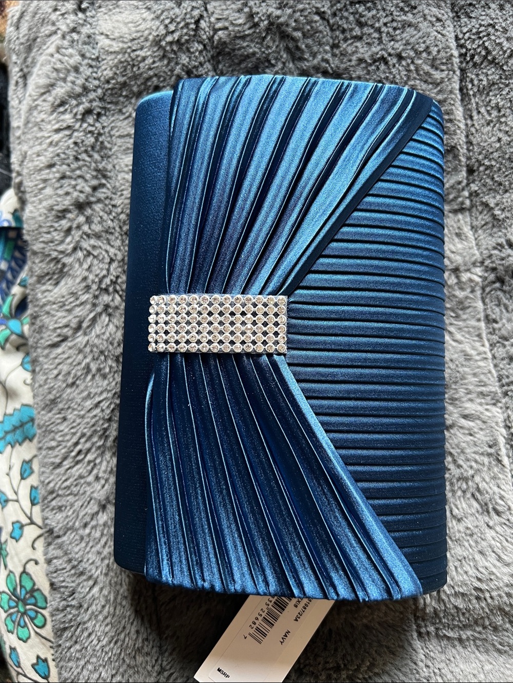 Jessica McClintock Navy Satin Pleated Clutch with Rhinestone Accent